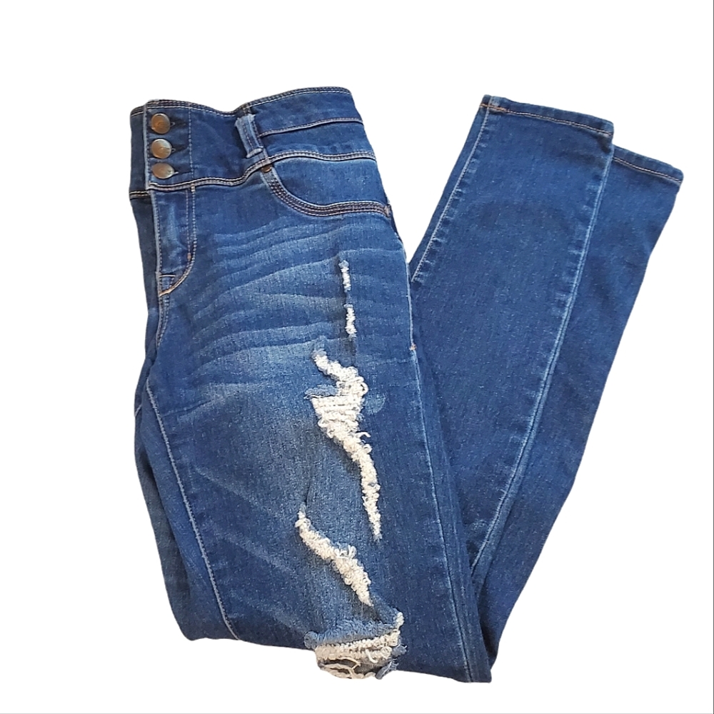ASTOR DENIM | Women's blue distressed denim 3-button and zip fly jeans. Size 11.